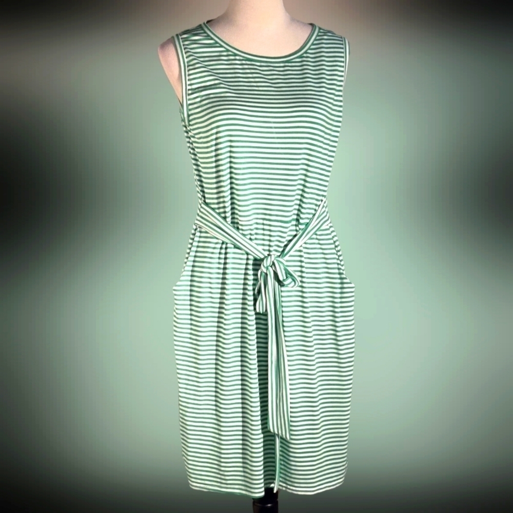 Merokeety Front Tie Shirt Dress Green & White Stripes Coastal Resort Women L